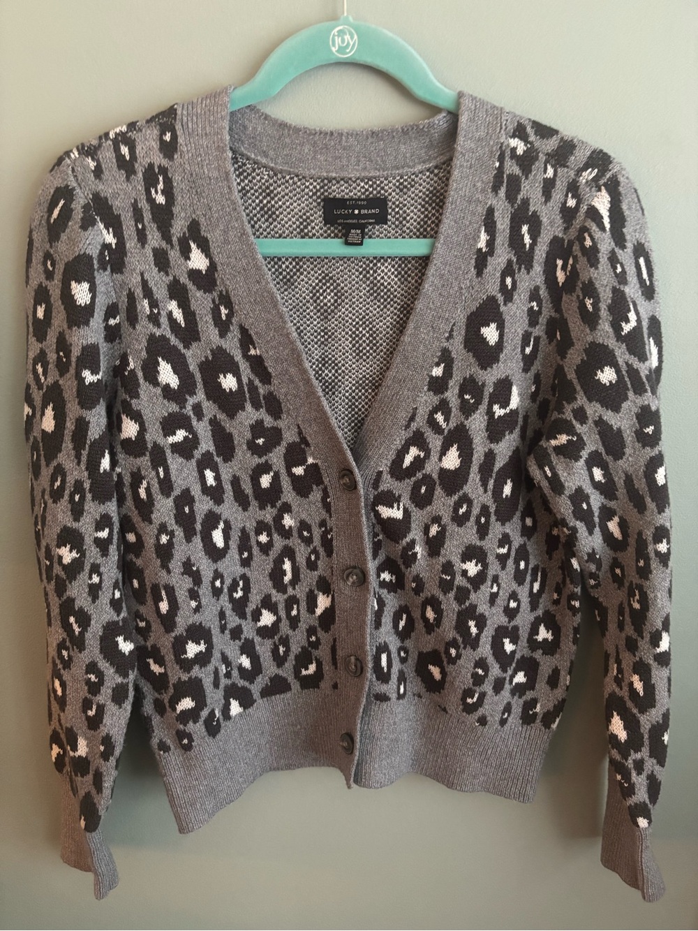 Lucky Brand Gray and Black Leopard-Print Button-Front Cardigan